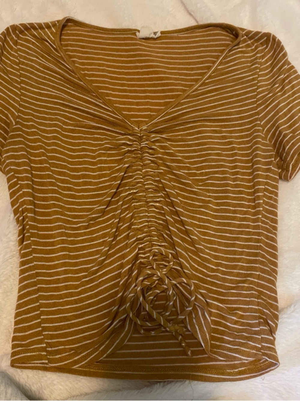 Striped Mustard Ruched Front Short Sleeve Top